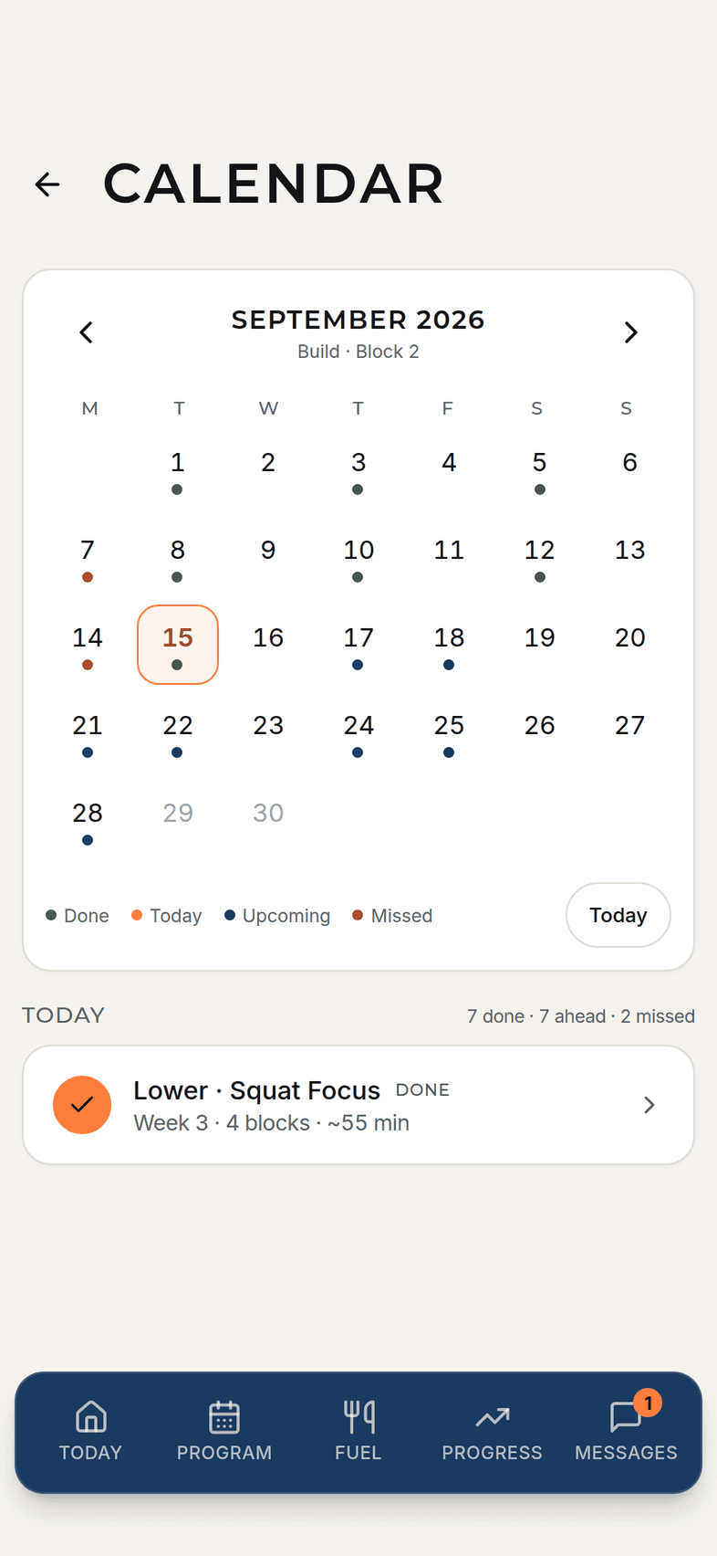 The training calendar: a month with completed, upcoming and missed sessions marked, and today’s session listed below