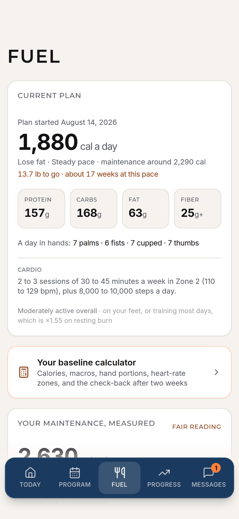 The Fuel screen: a daily calorie target with protein, carb, fat and fiber targets, hand portions and the cardio prescription