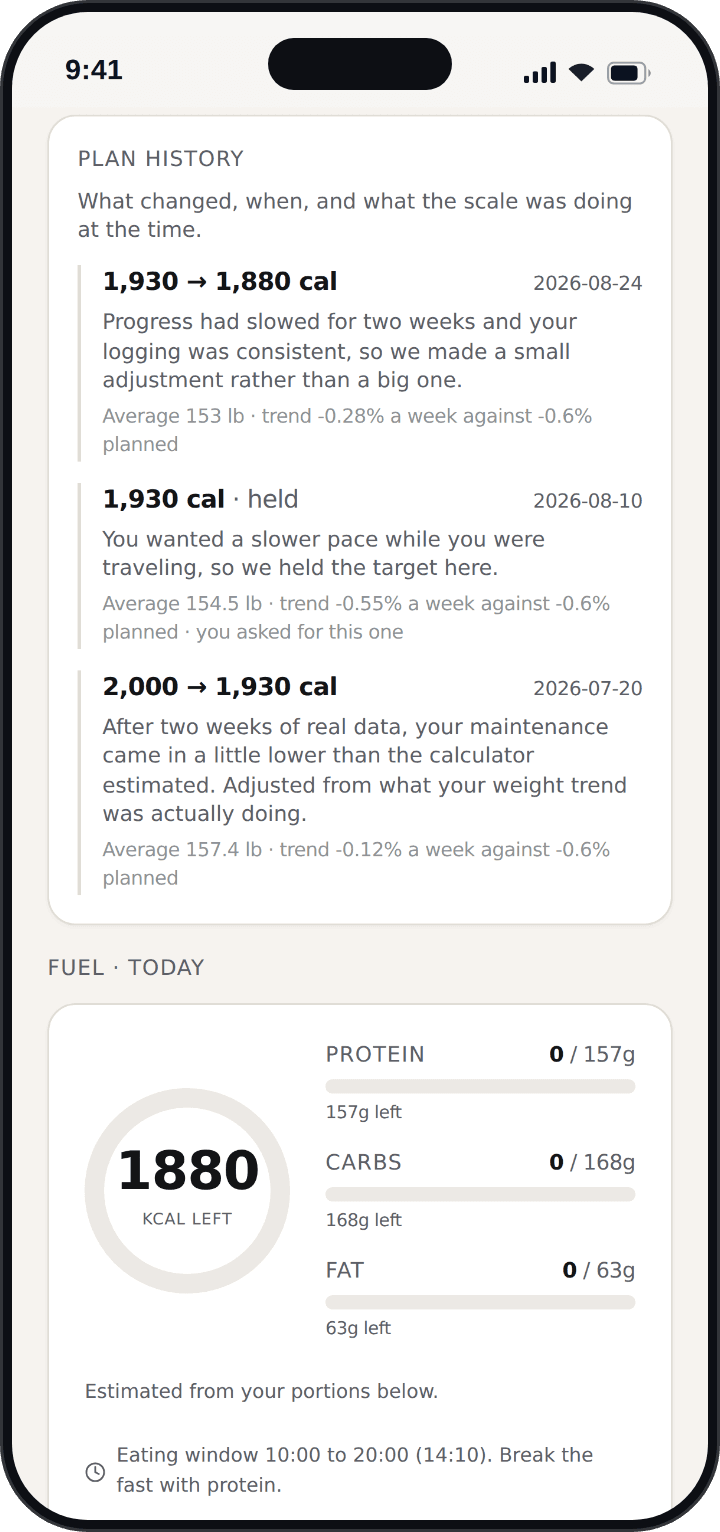 L’historique du plan dans l’app : chaque changement de cible de calories avec la date, la tendance de poids derrière et la raison en mots simples