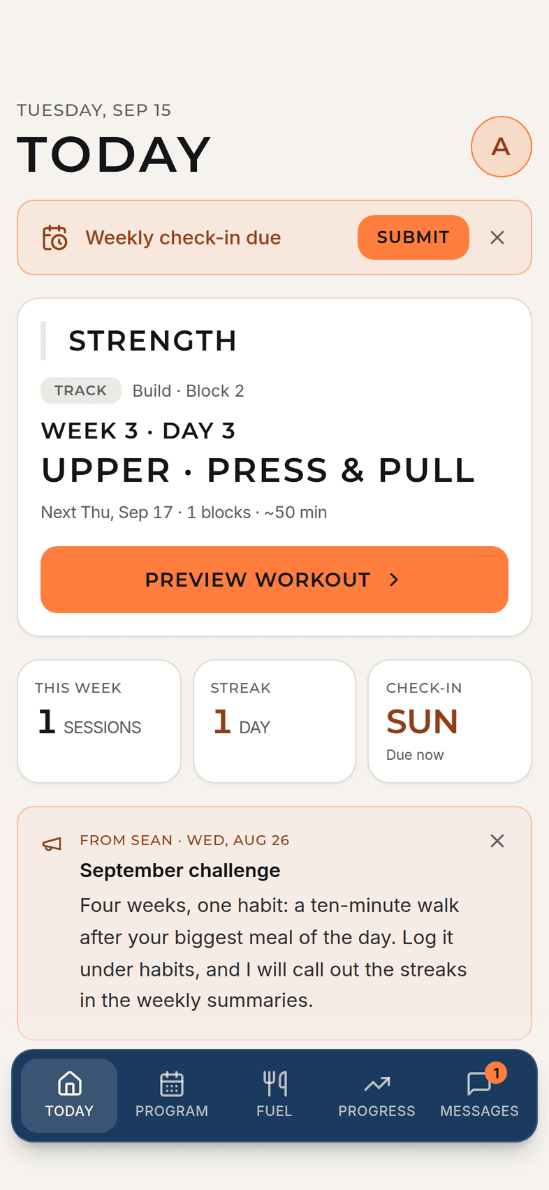 The Beckford Moves Today screen: the date, today's session with a Start Workout button, the week's session count, streak and next check-in