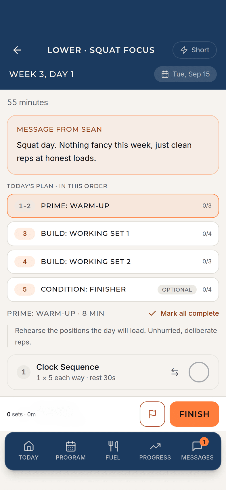 A workout in the app: the session plan in order, a note from Sean, and the warm-up exercise with sets and reps